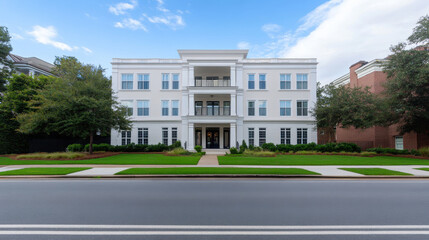 Obraz premium Historic colonial apartment building with symmetrical design and lush landscaping. elegant structure features large windows and welcoming entrance