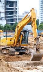Yellow Excavator Working on Construction Site with Urban Background and Heavy Machinery in Action