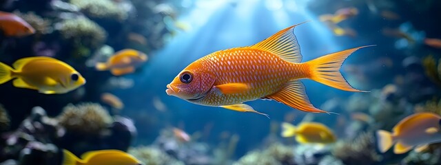 Fototapeta premium Vibrant Tropical Fish Darting Through Lush Underwater Coral Reef with Cinematic Motion Blur