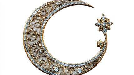 Ornate crescent moon and stars design with gold filigree and sparkling gems. Ideal for Ramadan, Eid, or celestial-themed projects.