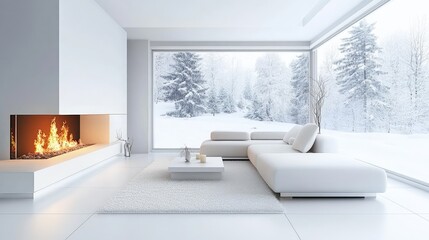 Elegant minimalist living room with a cozy fireplace and snowy exterior view