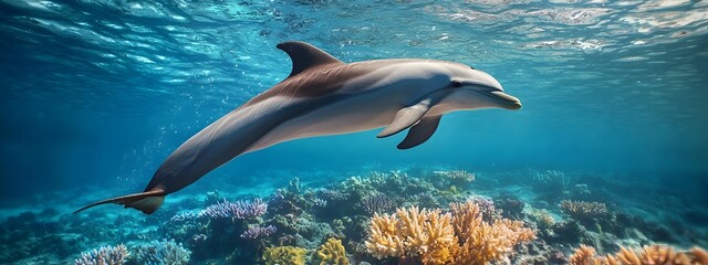 Obraz premium Majestic Dolphins Leaping from Crystal Clear Turquoise Waters Amid Vibrant Coral Reef