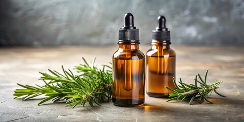 Fototapeta premium Organic rosemary essential oil in elegant amber dropper bottles: captivating product photography.