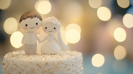 A charming wedding cake topper showcases a bride and groom figurine pair, illuminated by soft, warm lights, perfect for a romantic celebration