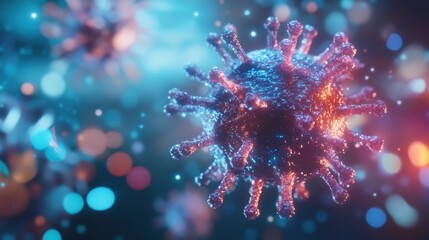 Fototapeta premium Close-up observation of a virus showcasing detailed structure with vibrant colors and distinctive spike formations under microscopic examination