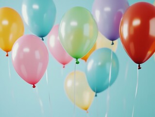 Bright and Colorful Party Balloons Floating Against a Blue Background, Perfect for Celebrations, Birthdays, and Festive Events