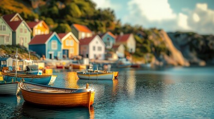 Obraz premium Picturesque Coastal Village at Sunset: Colorful Houses and Boats on Calm Waters
