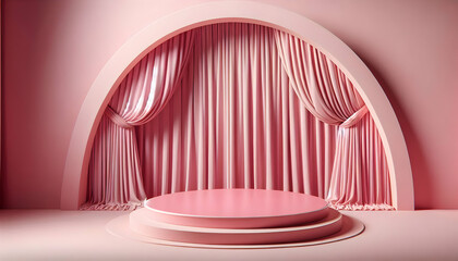Pink A minimalist stage setup with a pink round platform elevated in the foreground, a pink curtain drapi1