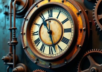 Vintage clock on a metallic wall with intricate gears at a retro workshop setting