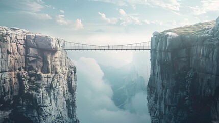 Daring suspension bridge stretching across a deep dramatic cliff chasm in an awe inspiring remote mountain landscape  This precarious crossing connects the opposite sides of a vast rugged terrain