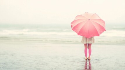 A woman stands barefoot on a wet beach holding a pink umbrella, gazing toward the ocean under overcast skies