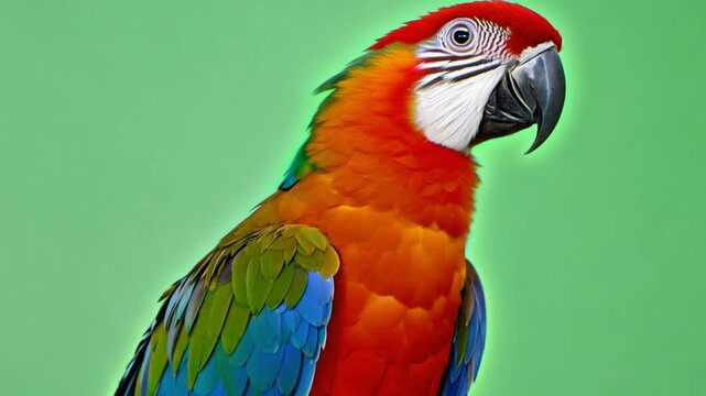 A vibrant red macaw perched against a green background, showcasing its colorful plumage and tropical charm, representing exotic bird species found in the wild.