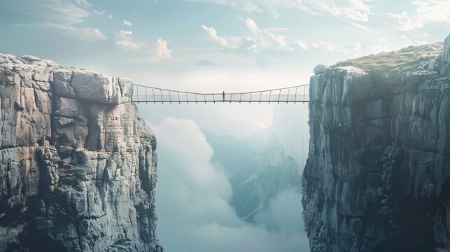 Daring suspension bridge stretching across a deep dramatic cliff chasm in an awe inspiring remote mountain landscape  This precarious crossing connects the opposite sides of a vast rugged terrain