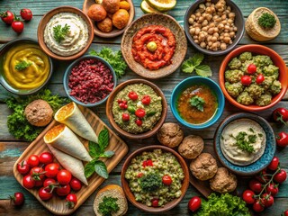 Lebanese Mezze Platter - Gourmet Appetizers on Rustic Wooden Table