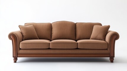 Obraz premium Cozy Brown Fabric Sofa with Cushions in Elegant Modern Interior for Living Room Design Inspiration