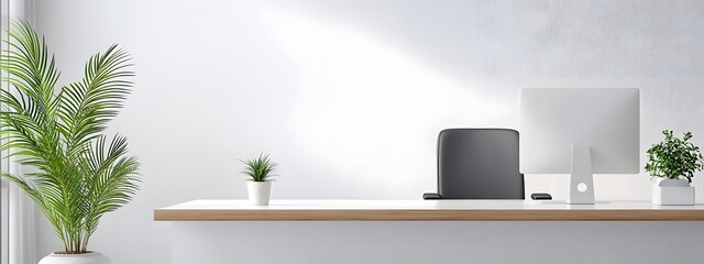 Minimalist Modern Office Workspace with Ergonomic Furniture Potted Plants and Sleek Technology