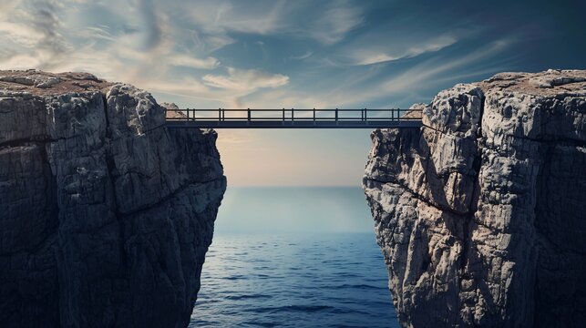 Dramatic cliffside suspension bridge stretching across a vast serene coastal landscape at sunset  Rugged rocky cliffs plunge into the tranquil ocean below creating a breathtaking and natural scene - Powered by Adobe