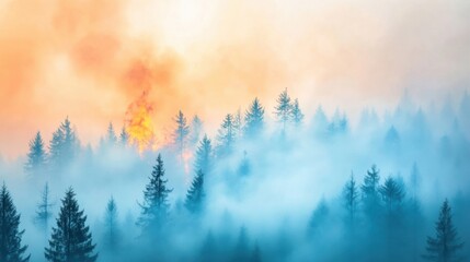 Fototapeta premium A wildfire engulfs a dense forest landscape, casting an orange glow amidst a smoky, blue atmosphere during twilight