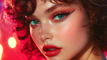 Fototapeta premium A woman with red hair and green eyes is wearing red lipstick