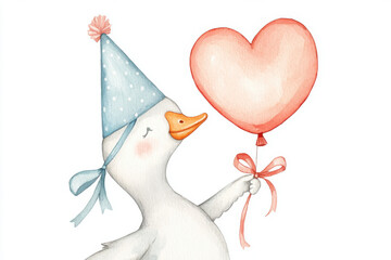 Valentine, Cute goose wearing blue party hat, holding heart shaped balloon, celebrating joyfully. Perfect for festive themes