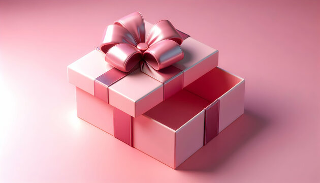 Pink A rectangular pink gift box with a glossy ribbon bow on the floating lid, hovering over the open box4 - Powered by Adobe