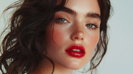 A woman with red lipstick and green eyes