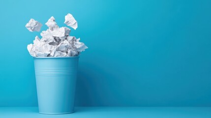 Blue Trash Can Overflowing with Crumpled White Paper on Vibrant Turquoise Background