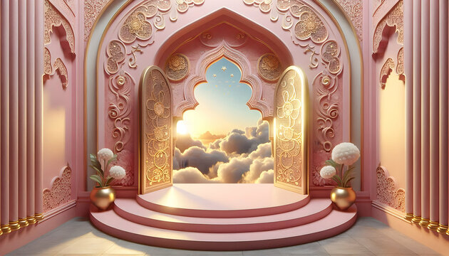 Pink A pink arched doorway with intricate floral patterns, standing on curved pink steps, leading to a cl2