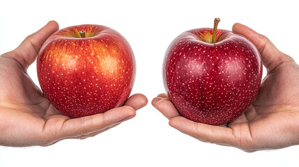 Closeup of hands holding the ripe shiny red apple fruit, isolated on white background. healthy fresh vegetarian vitamin diet, organic juicy nature food, eat, nutrition, sweet.