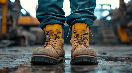 Closeup of industry construction worker legs feet wearing boots shoes on site, copy space. safety and protection footwear equipment for job occupation, work clothing uniform, factory, labor.