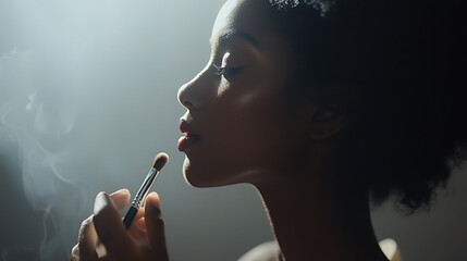 Obraz premium A woman is applying makeup with a brush