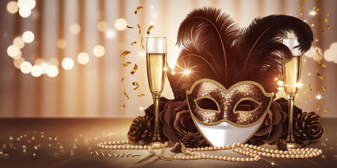 Elegant Venetian Mask with Champagne Flutes Pearls and Festive Confetti