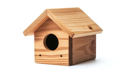 Closeup of small wooden bird house isolated on white background. spring or summer park garden nature nest box home for animal, outdoor forest wildlife shelter object with roof, springtime.