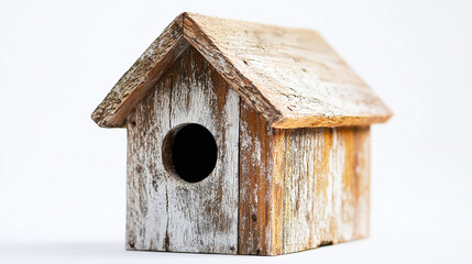 Closeup of small wooden bird house isolated on white background. spring or summer park garden nature nest box home for animal, outdoor forest wildlife shelter object with roof, springtime.