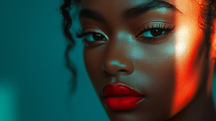 A woman with red lipstick and dark hair is looking at the camera