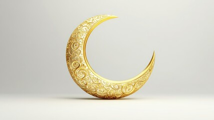 A golden crescent moon with ornate carvings. Ideal for Islamic holidays, Ramadan, Eid, or as a decorative element in graphic designs.