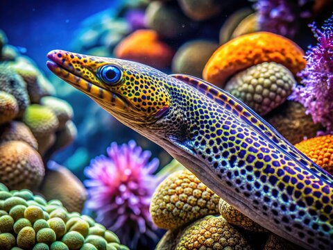 Retro aquarium shot:  a spotted eel, a captivating subject against a rugged, colorful reef backdrop.