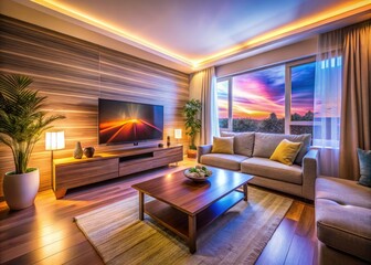 Fototapeta premium Long Exposure Living Room, Cozy Sofa, TV, Night Scene, Ambiance