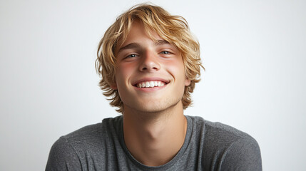 Portrait of happy smiling handsome young man with blonde hair, isolated on white background. adult guy model hairstyle, positive caucasian teenager boy, casual, cheerful face expression.