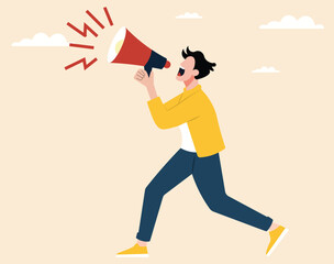 young Man shouting and doing announcement in megaphone concept illustration