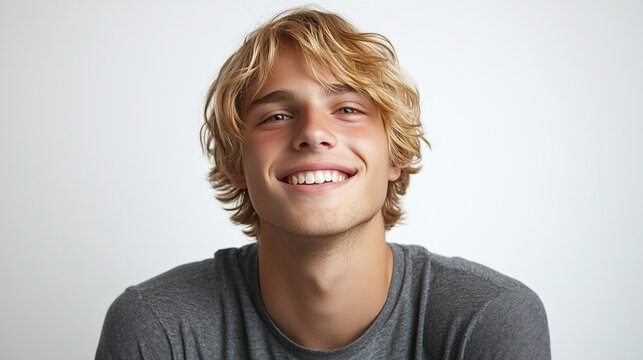 Portrait of happy smiling handsome young man with blonde hair, isolated on white background. adult guy model hairstyle, positive caucasian teenager boy, casual, cheerful face expression.