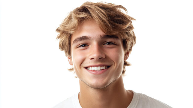 Portrait of happy smiling handsome young man with blonde hair, isolated on white background. adult guy model hairstyle, positive caucasian teenager boy, casual, cheerful face expression.