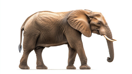 Fototapeta premium Side view full body length portrait of elephant standing or walking isolated on white background. large strong safari africa wildlife nature mammal with trunk and tusk, huge powerful herbivore.