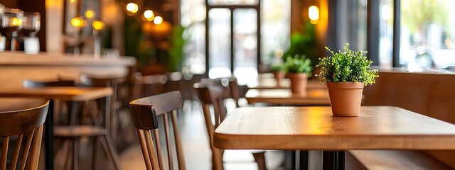Fototapeta premium Elegant Wooden Cafe Interior with Inviting Warm Lighting and Cozy Atmosphere