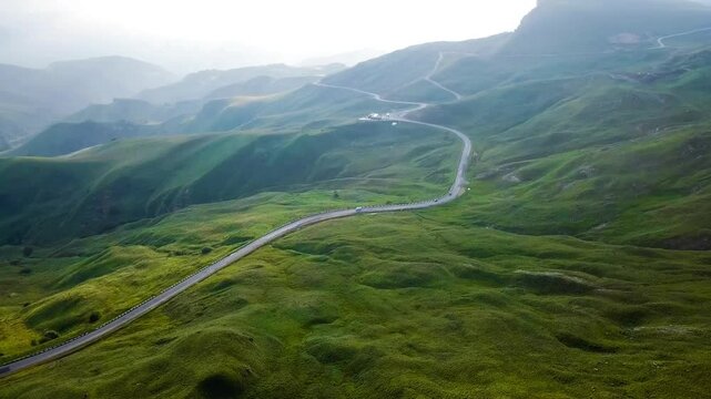 Aerial drone view of Bermamyt plateau at dawn Western Caucasus, Karachay-Cherkess Republic. High quality 4k footage