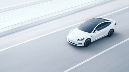 Sleek White Electric Car in Motion on a Modern Highway with Minimalist Background and Smooth Lines