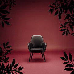 Fototapeta premium Stylish Black Leather Armchair in a Maroon Room with Dark Leaf Accents