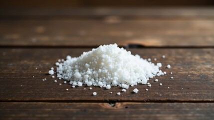 A mound of small white granules rests on a rustic wooden surface