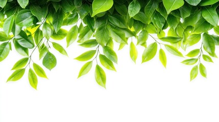 Lush green leaves create a natural border on a white background. Ideal for eco-friendly designs, spring themes, or adding a touch of freshness.