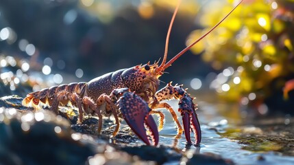 A vibrant lobster rests on rocky terrain near the water, showcasing its colorful shell and prominent claws against a blurred natural backdrop.
